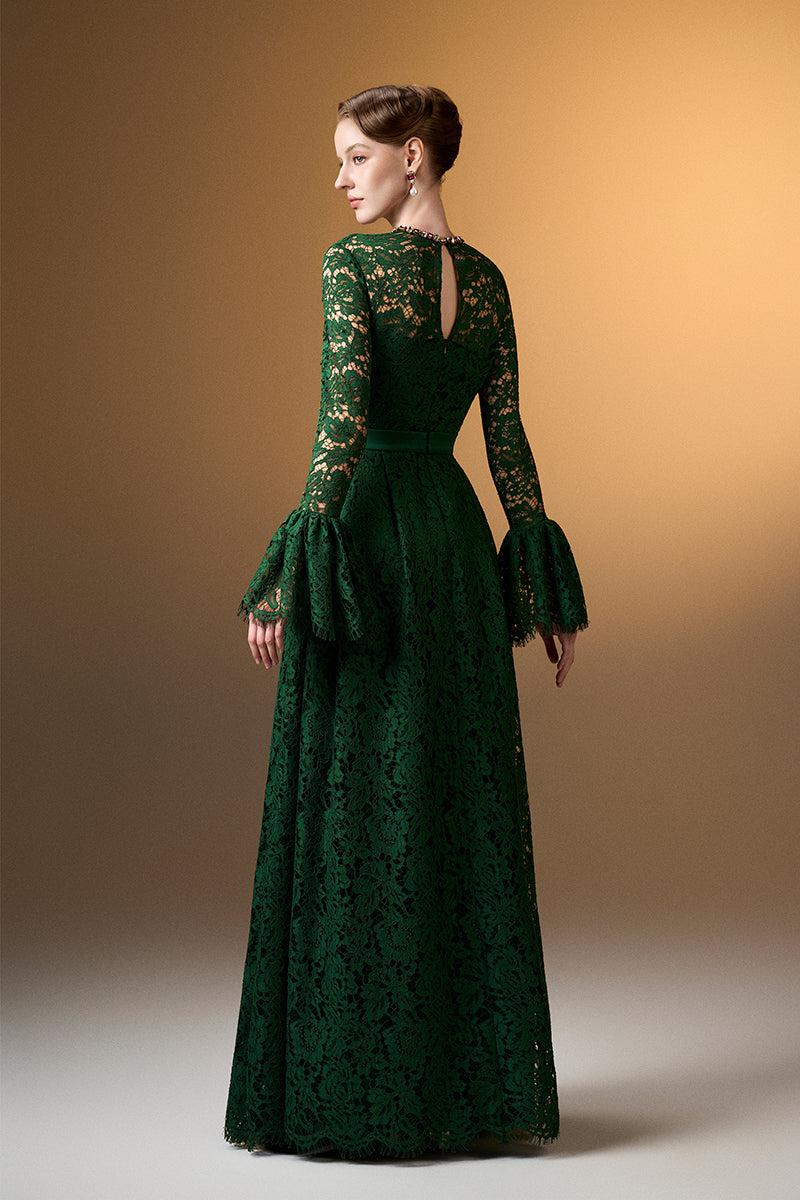 Round Neck A-Line Gown With Ruffle Long Sleeves In Green French Lace