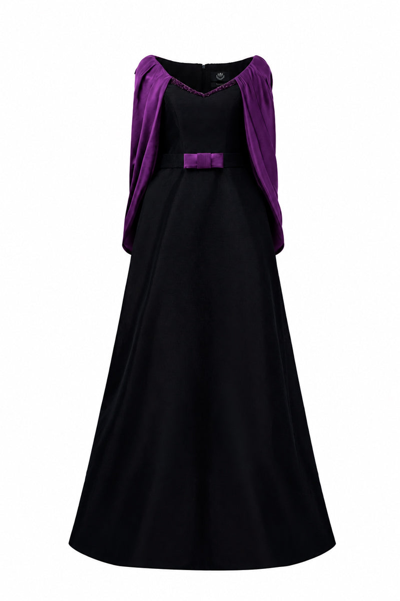 V Neck A-Line Gown With Draped Details In Black Taffeta And Dark Purple Satin Silk