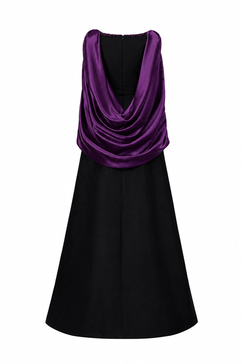 V Neck A-Line Gown With Draped Details In Black Taffeta And Dark Purple Satin Silk
