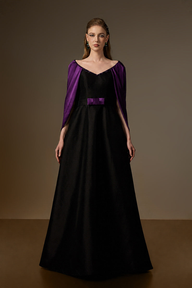 V Neck A-Line Gown With Draped Details In Black Taffeta And Dark Purple Satin Silk