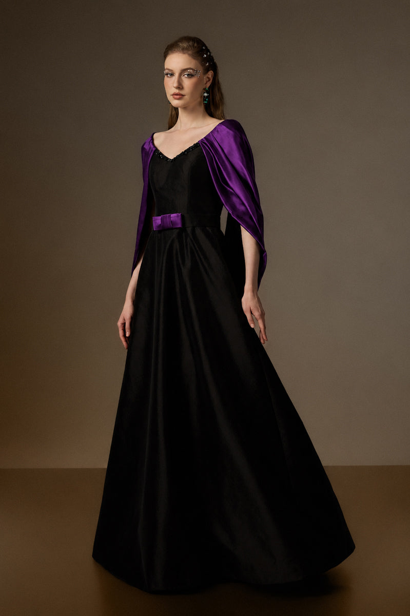 V Neck A-Line Gown With Draped Details In Black Taffeta And Dark Purple Satin Silk