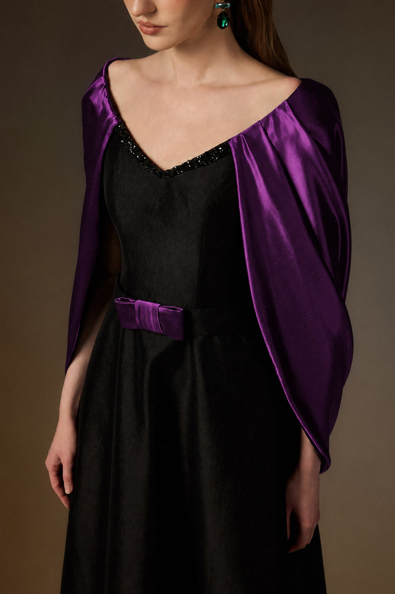 V Neck A-Line Gown With Draped Details In Black Taffeta And Dark Purple Satin Silk
