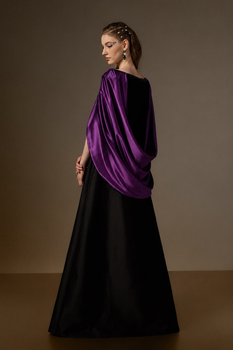 V Neck A-Line Gown With Draped Details In Black Taffeta And Dark Purple Satin Silk