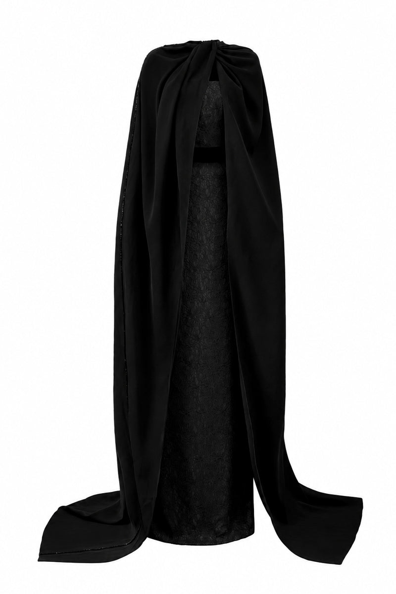 Bustier Column Gown With Long Cape In Black Vine Guipure Lace & Crepe