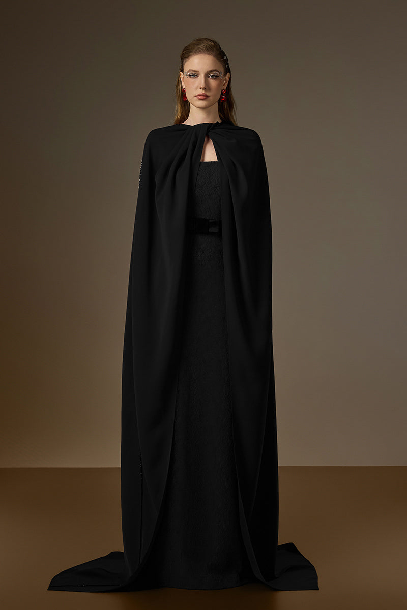 Bustier Column Gown With Long Cape In Black Vine Guipure Lace & Crepe