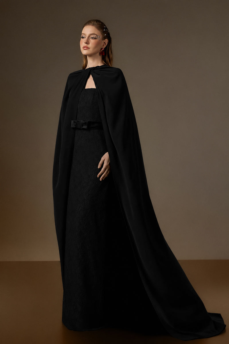 Bustier Column Gown With Long Cape In Black Vine Guipure Lace & Crepe