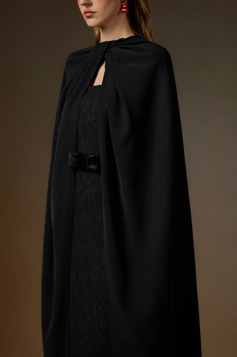 Bustier Column Gown With Long Cape In Black Vine Guipure Lace & Crepe