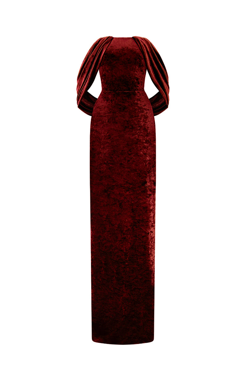Strapless Column Dress With Pleated Sleeves In Dark Red Grain Velvet