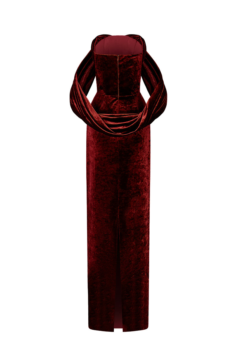 Strapless Column Dress With Pleated Sleeves In Dark Red Grain Velvet