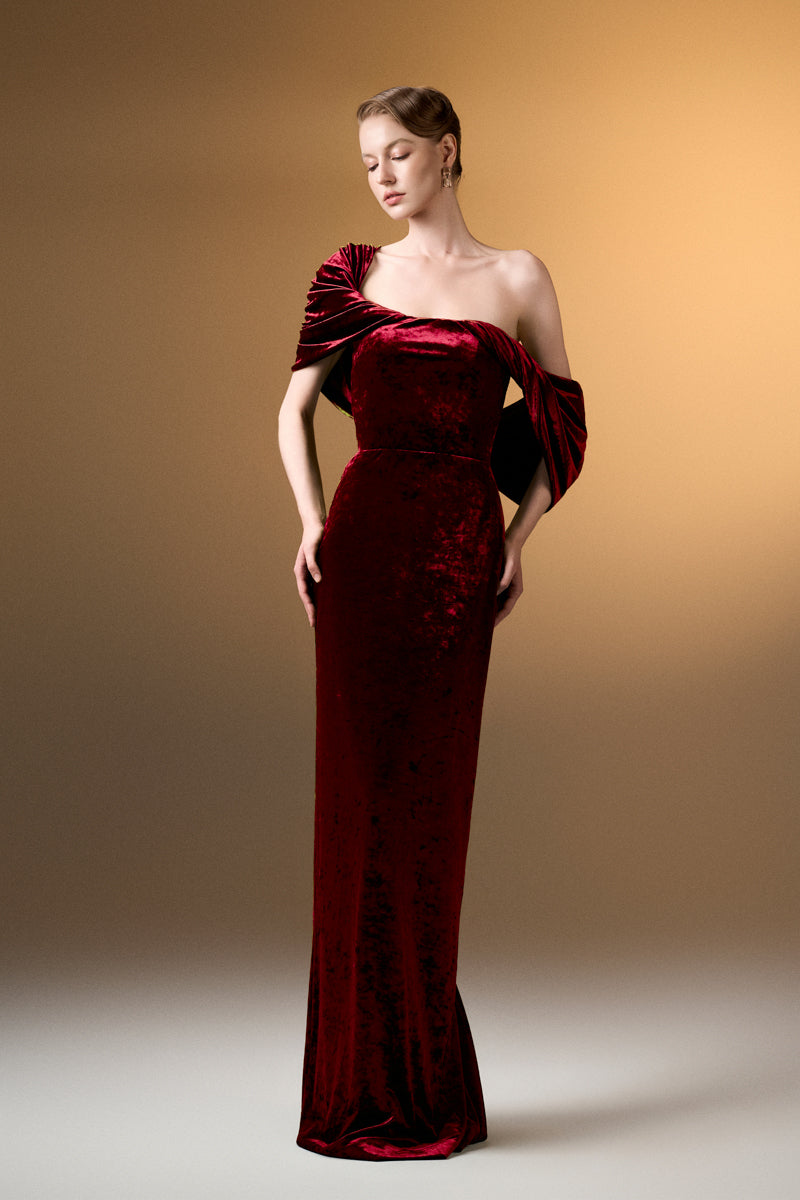 Strapless Column Dress With Pleated Sleeves In Dark Red Grain Velvet