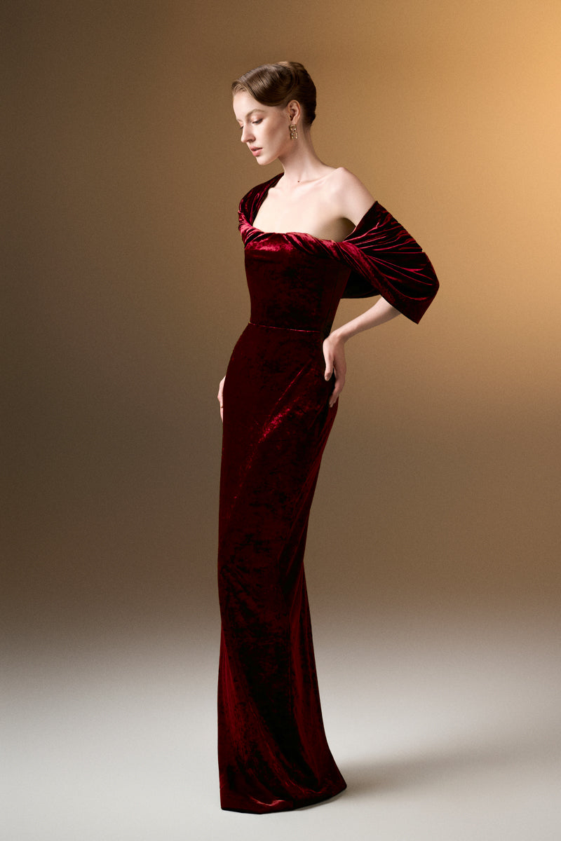Strapless Column Dress With Pleated Sleeves In Dark Red Grain Velvet