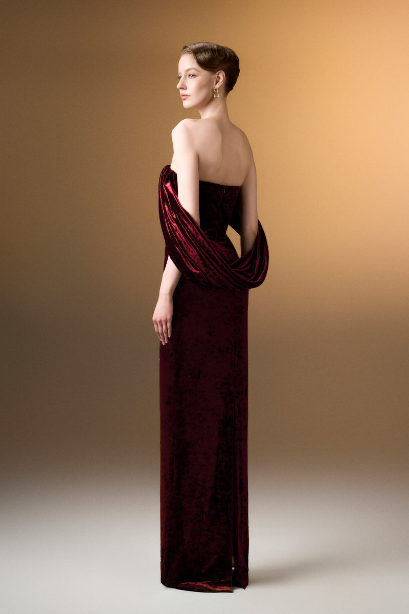 Strapless Column Dress With Pleated Sleeves In Dark Red Grain Velvet