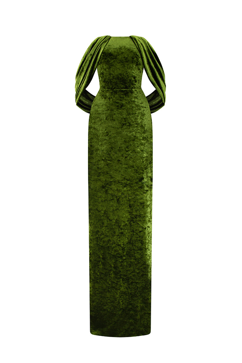 Strapless Column Dress With Pleated Sleeves In Green Grain Velvet
