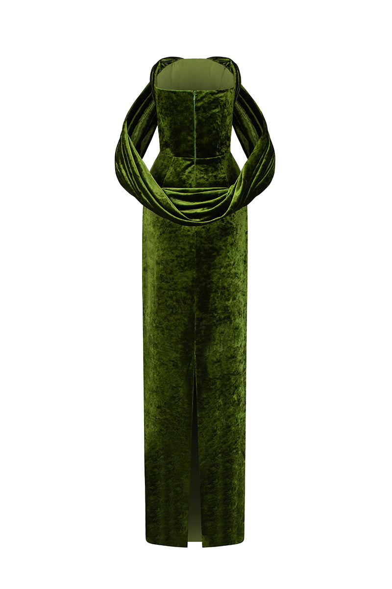 Strapless Column Dress With Pleated Sleeves In Green Grain Velvet
