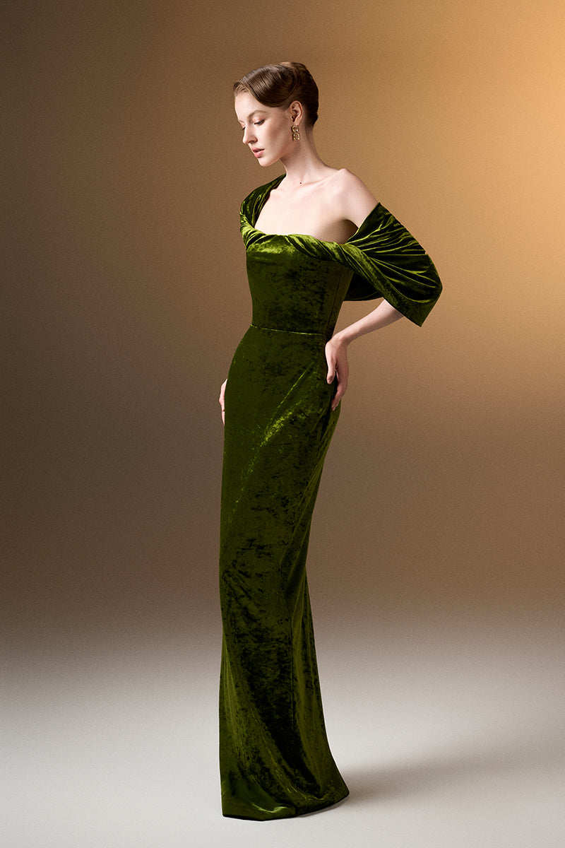 Strapless Column Dress With Pleated Sleeves In Green Grain Velvet