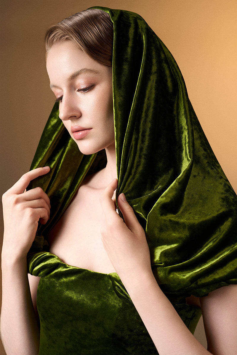 Strapless Column Dress With Pleated Sleeves In Green Grain Velvet