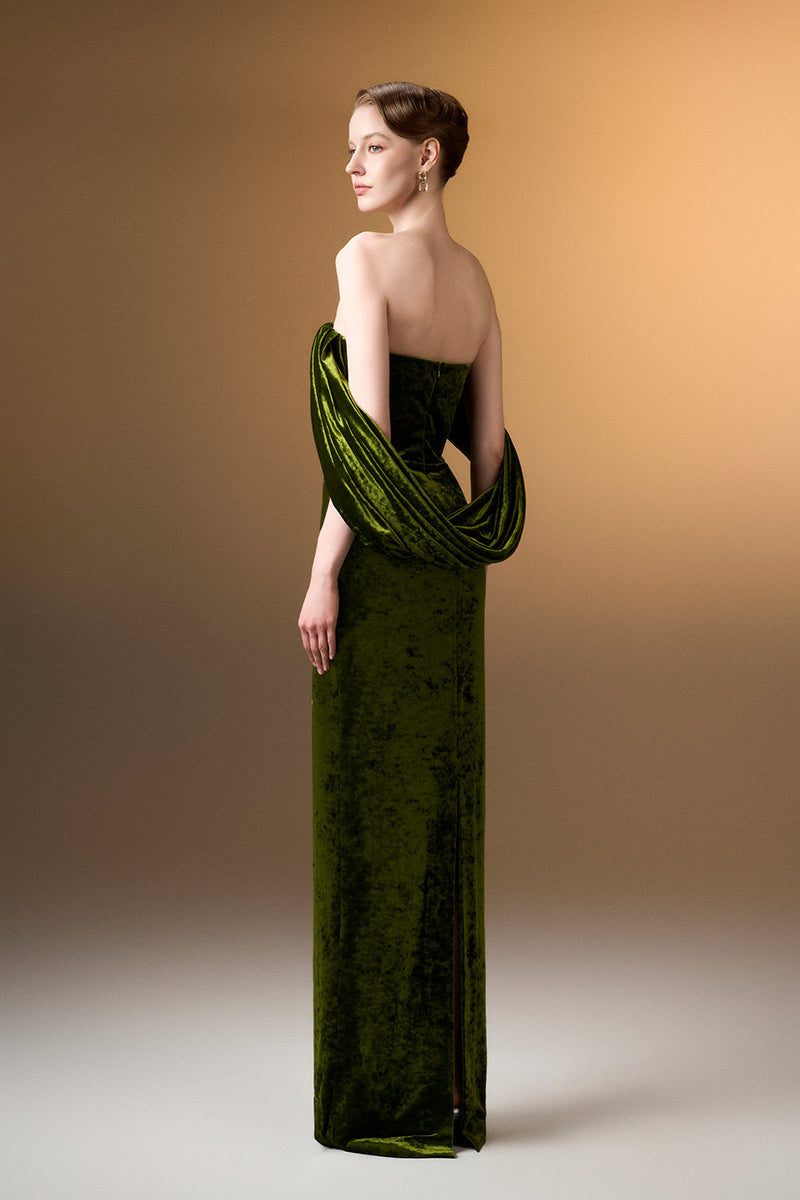 Strapless Column Dress With Pleated Sleeves In Green Grain Velvet