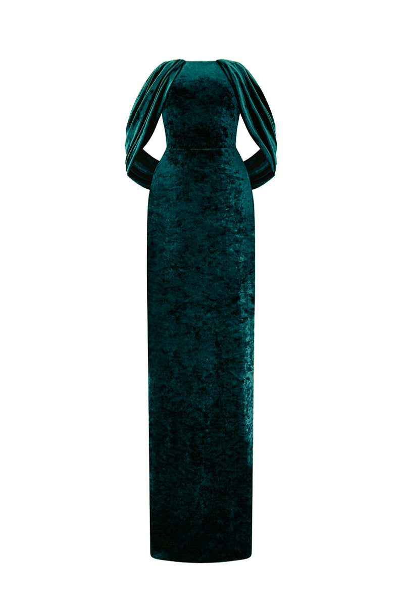 Strapless Column Dress With Pleated Sleeves In Dark Green Grain Velvet