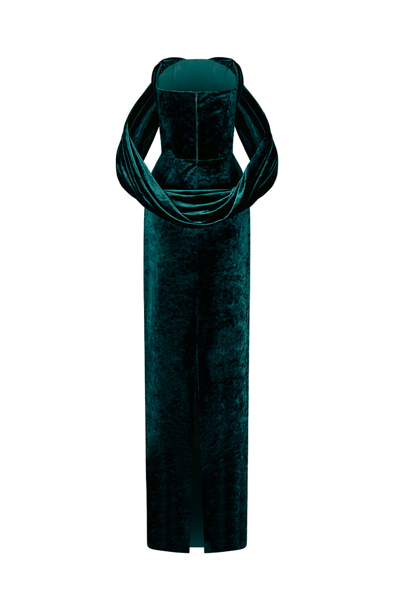 Strapless Column Dress With Pleated Sleeves In Dark Green Grain Velvet