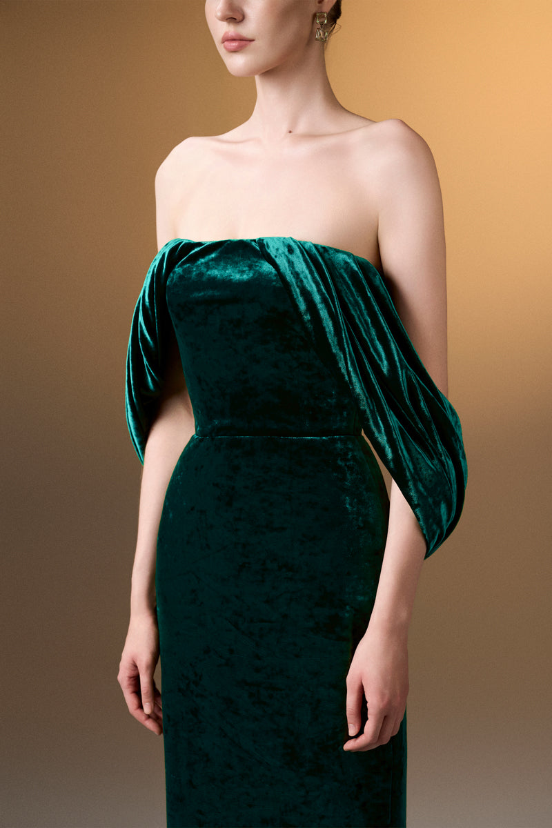 Strapless Column Dress With Pleated Sleeves In Dark Green Grain Velvet