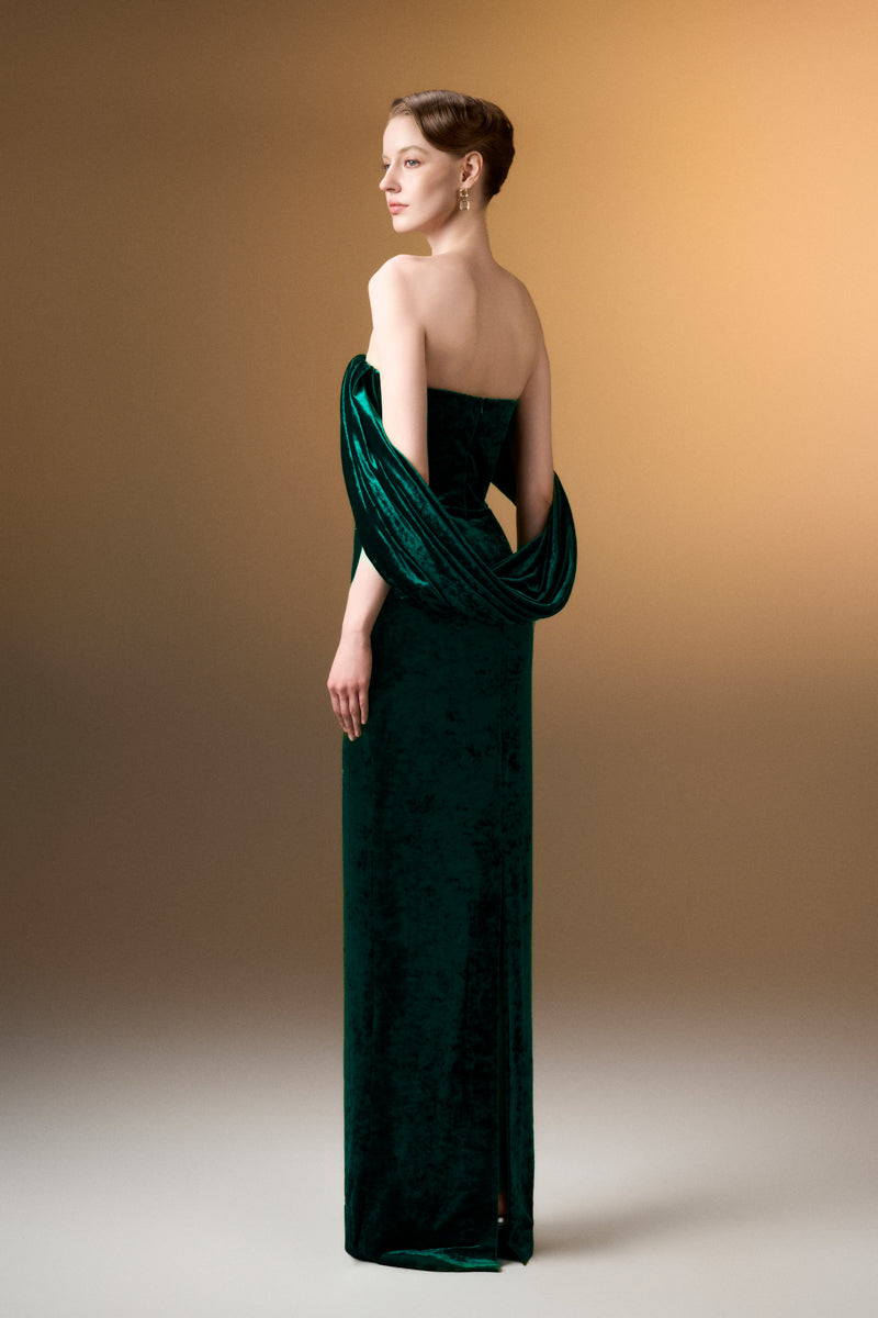 Strapless Column Dress With Pleated Sleeves In Dark Green Grain Velvet