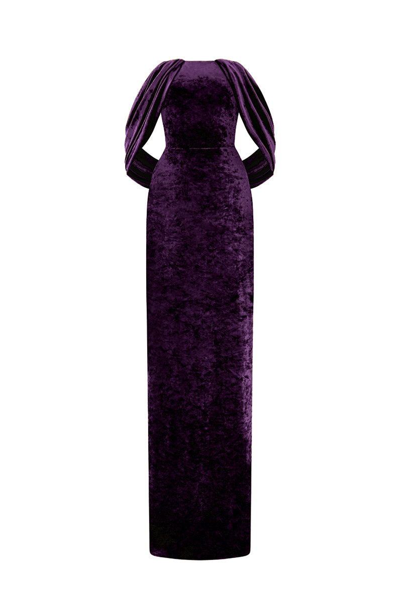 Strapless Column Dress With Pleated Sleeves In Dark Purple Grain Velvet
