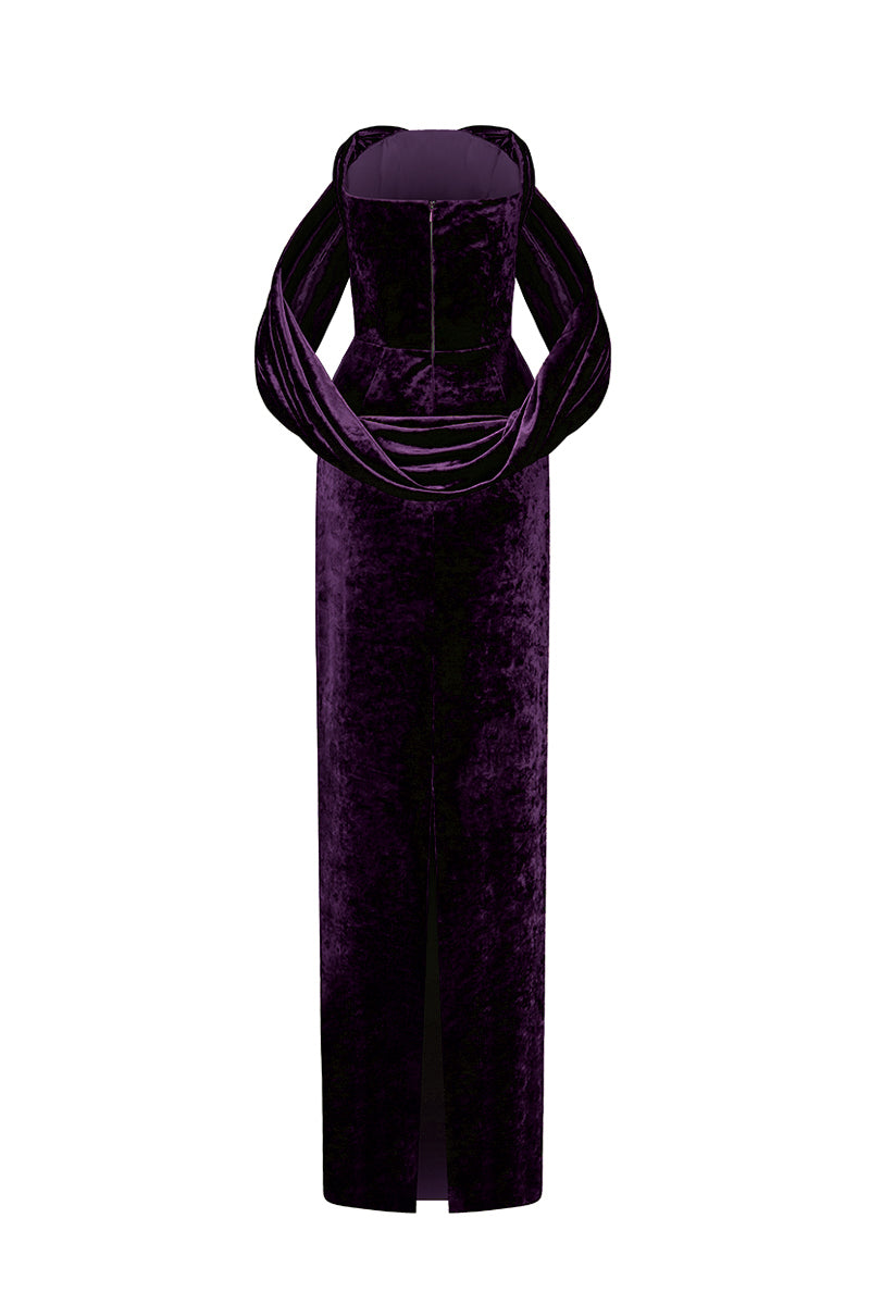 Strapless Column Dress With Pleated Sleeves In Dark Purple Grain Velvet