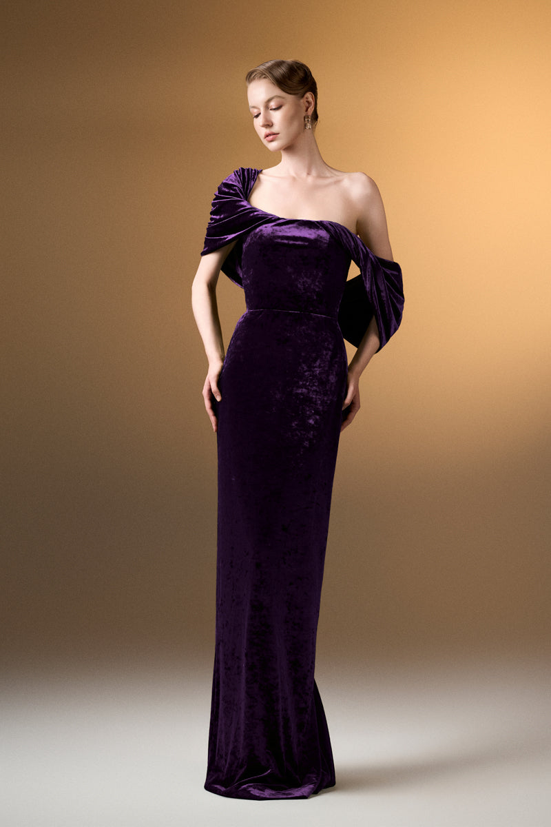 Strapless Column Dress With Pleated Sleeves In Dark Purple Grain Velvet