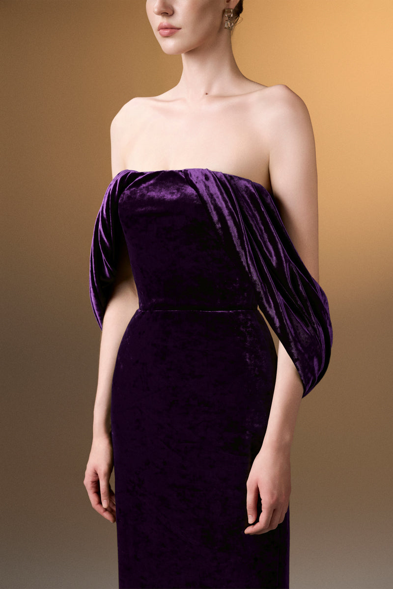 Strapless Column Dress With Pleated Sleeves In Dark Purple Grain Velvet