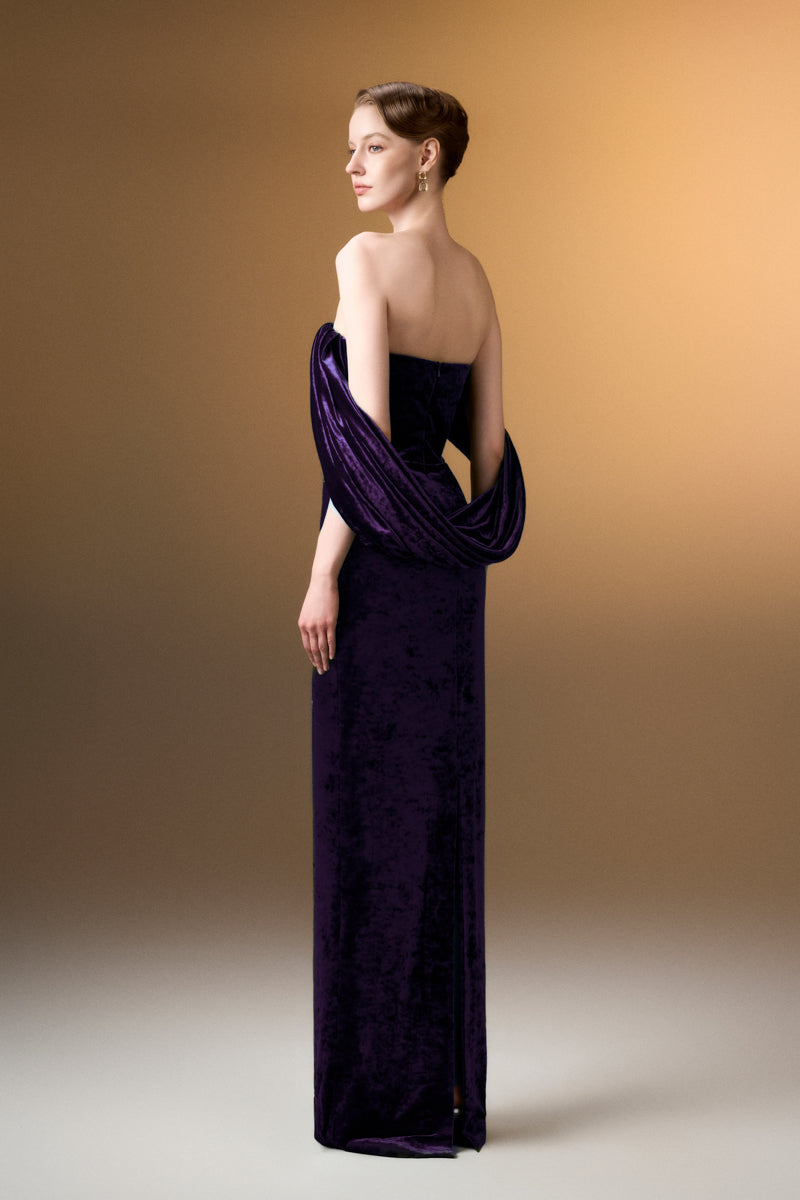 Strapless Column Dress With Pleated Sleeves In Dark Purple Grain Velvet