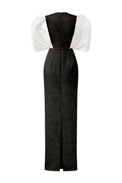 V-cut Neck Gown With Exaggerated Taffeta Sleeves