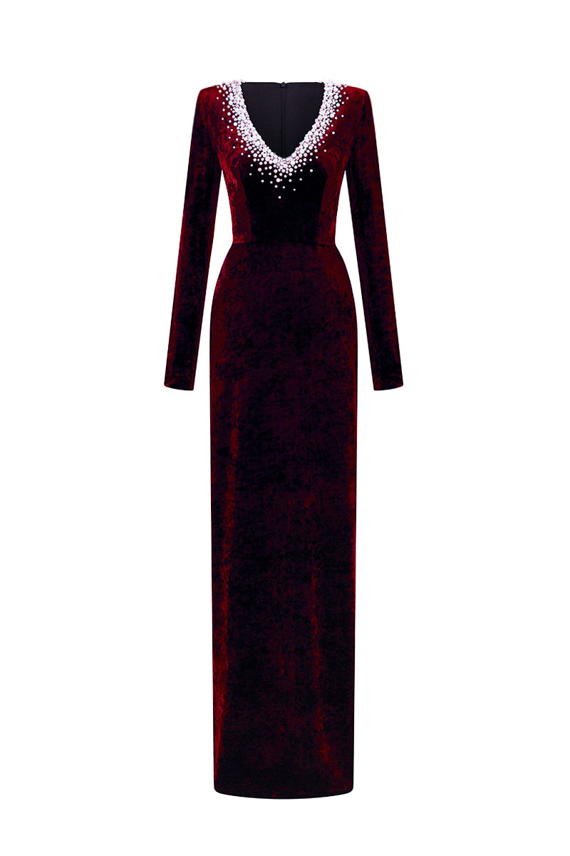 V-Neck Column Gown With Long Sleeves In Dark Red Grain Velvet