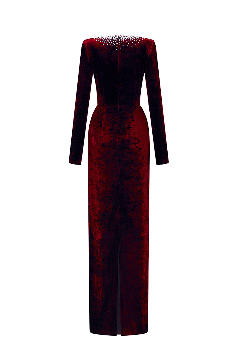 V-Neck Column Gown With Long Sleeves In Dark Red Grain Velvet