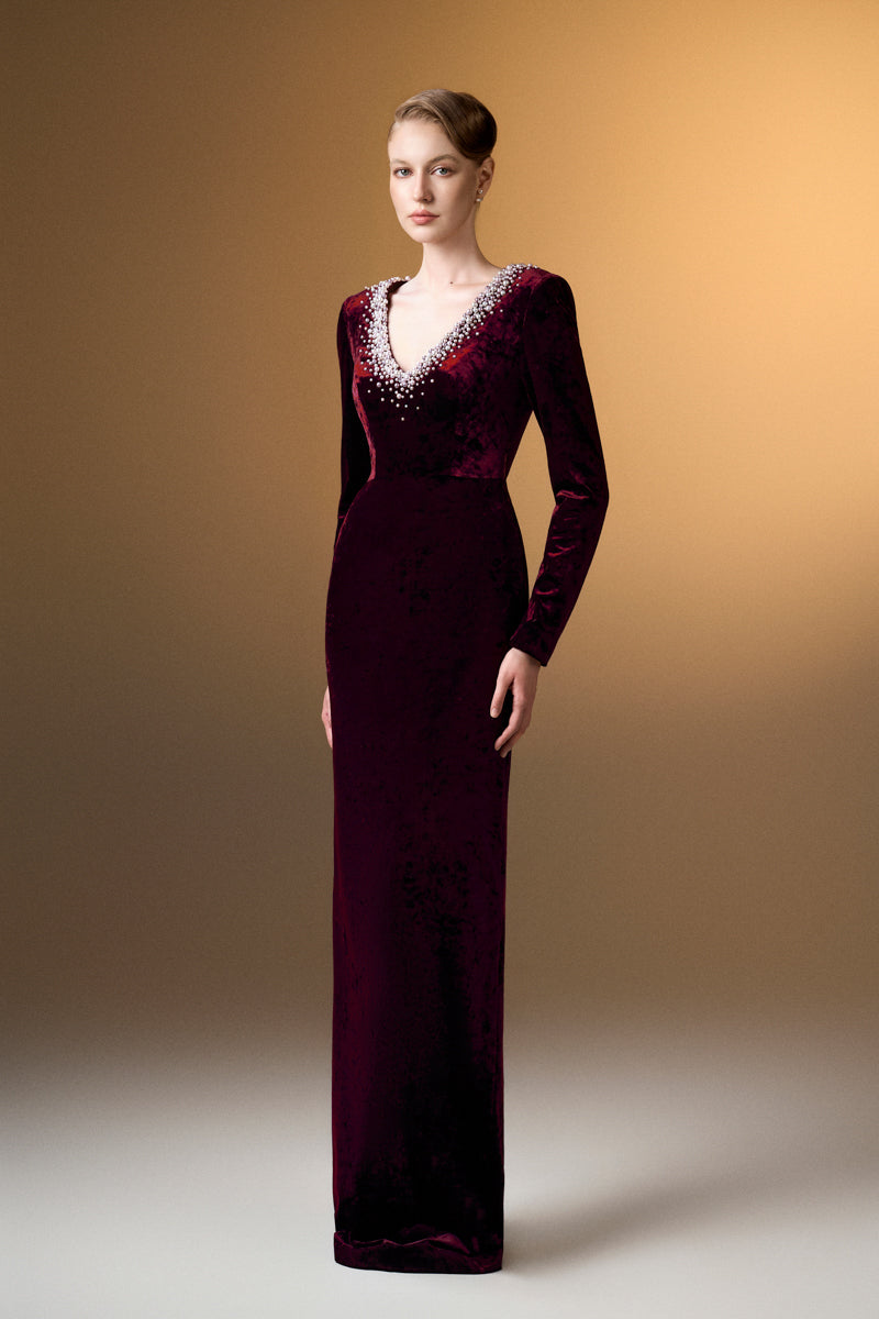 V-Neck Column Gown With Long Sleeves In Dark Red Grain Velvet