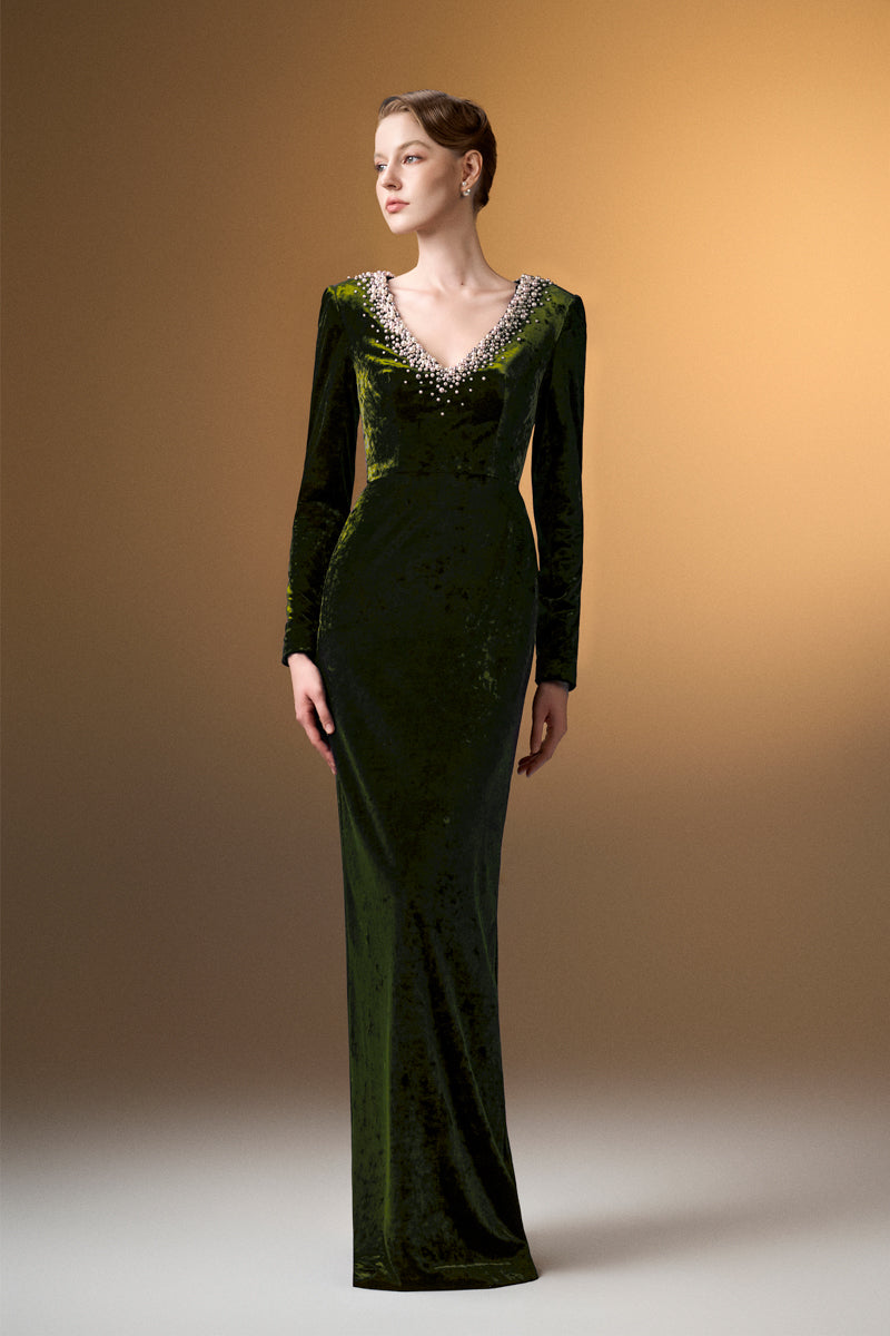 V-Neck Column Gown With Long Sleeves In Green Grain Velvet