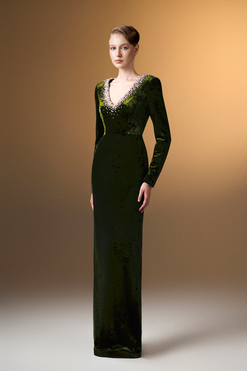 V-Neck Column Gown With Long Sleeves In Green Grain Velvet
