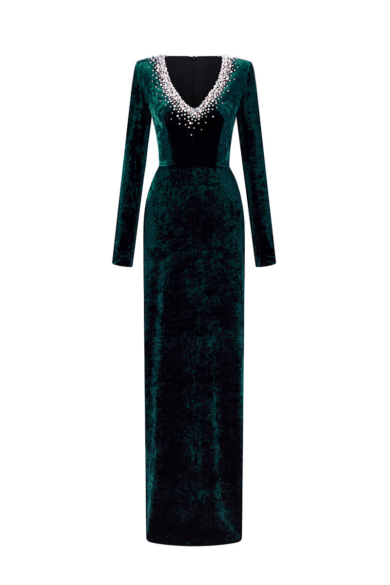 V-Neck Column Gown With Long Sleeves In Dark Green Grain Velvet