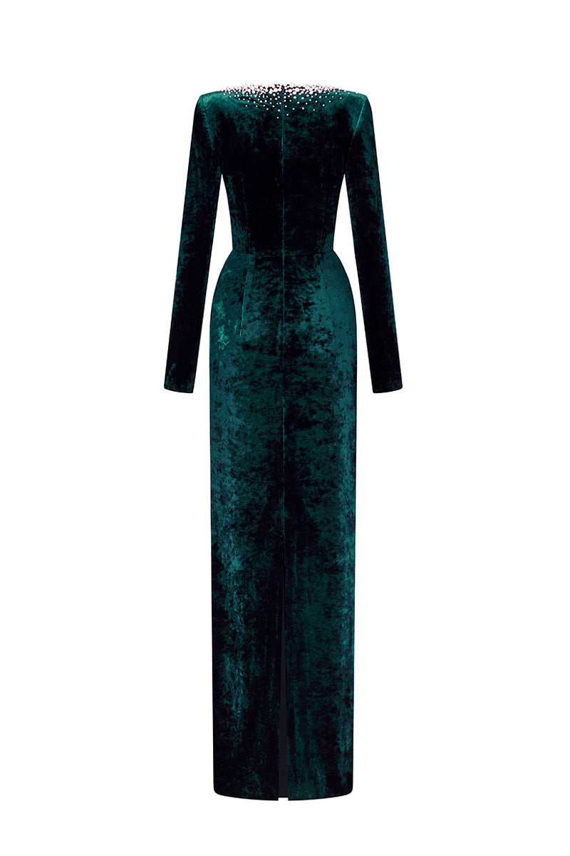 V-Neck Column Gown With Long Sleeves In Dark Green Grain Velvet