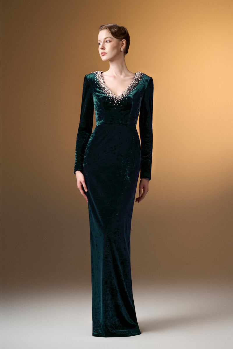 V-Neck Column Gown With Long Sleeves In Dark Green Grain Velvet