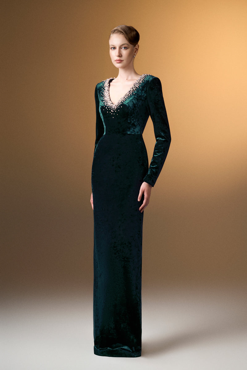 V-Neck Column Gown With Long Sleeves In Dark Green Grain Velvet
