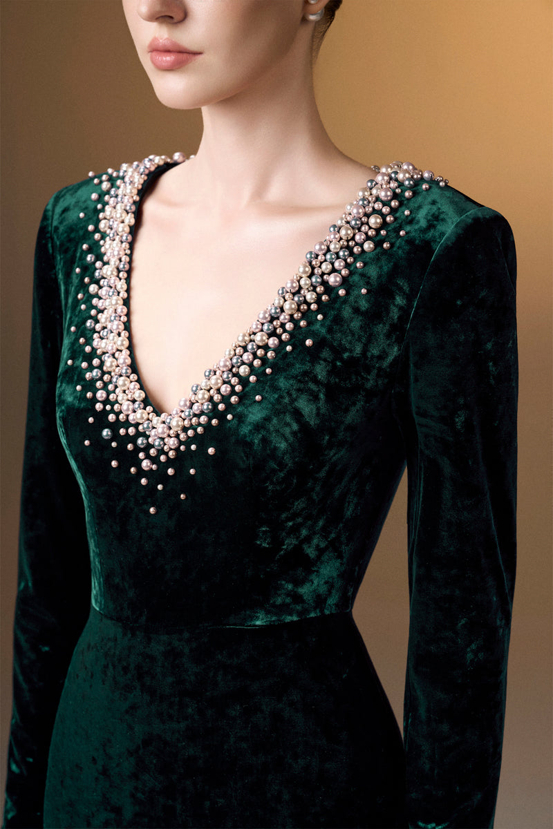 V-Neck Column Gown With Long Sleeves In Dark Green Grain Velvet