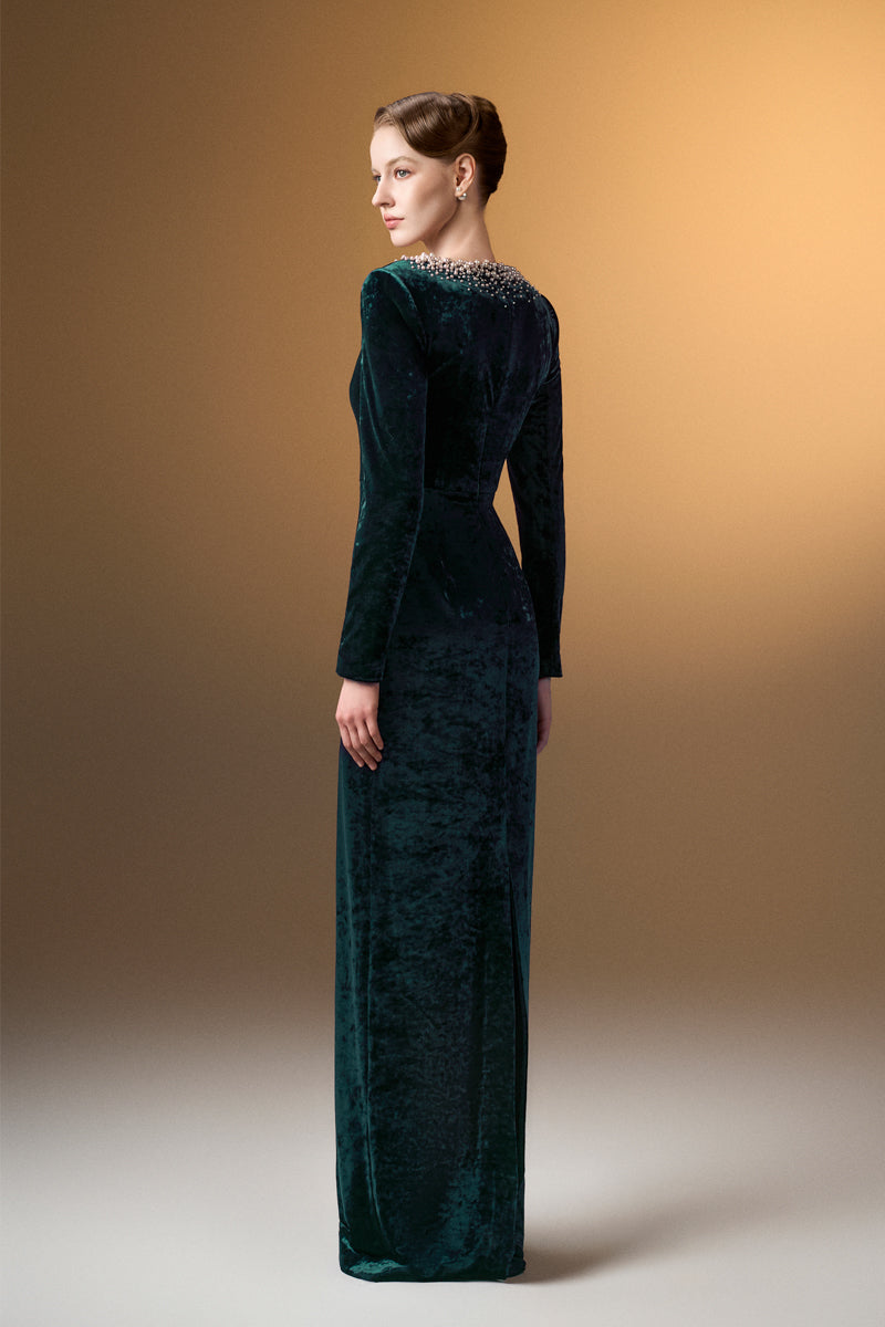 V-Neck Column Gown With Long Sleeves In Dark Green Grain Velvet