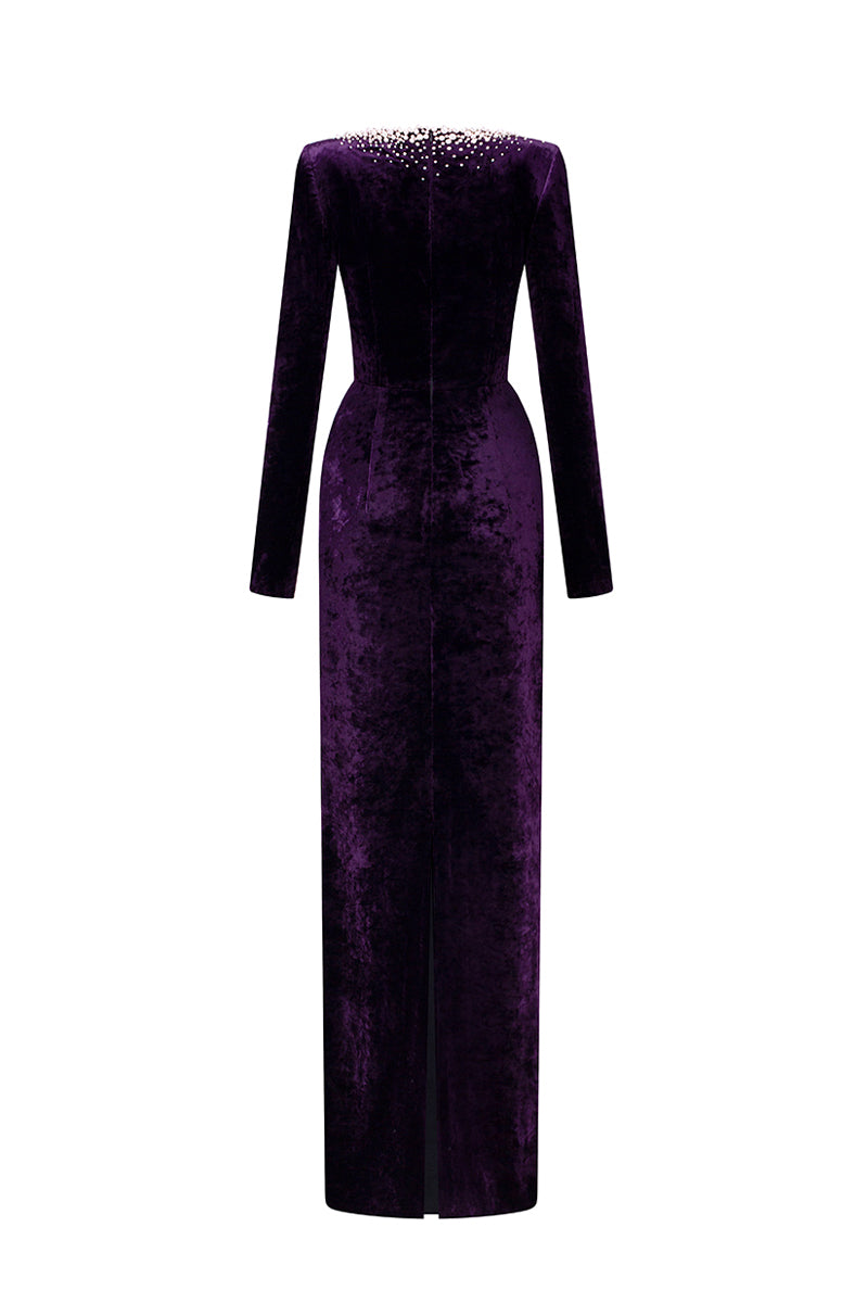 V-Neck Column Gown With Long Sleeves In Dark Purple Grain Velvet