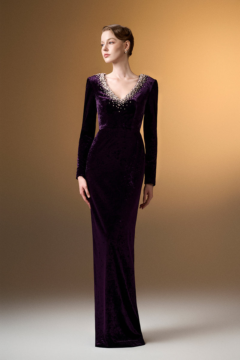 V-Neck Column Gown With Long Sleeves In Dark Purple Grain Velvet