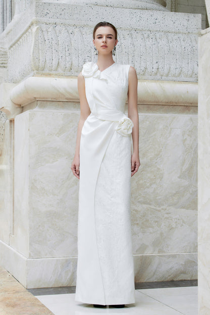 Jacquard Gown With Draped Satin Roses