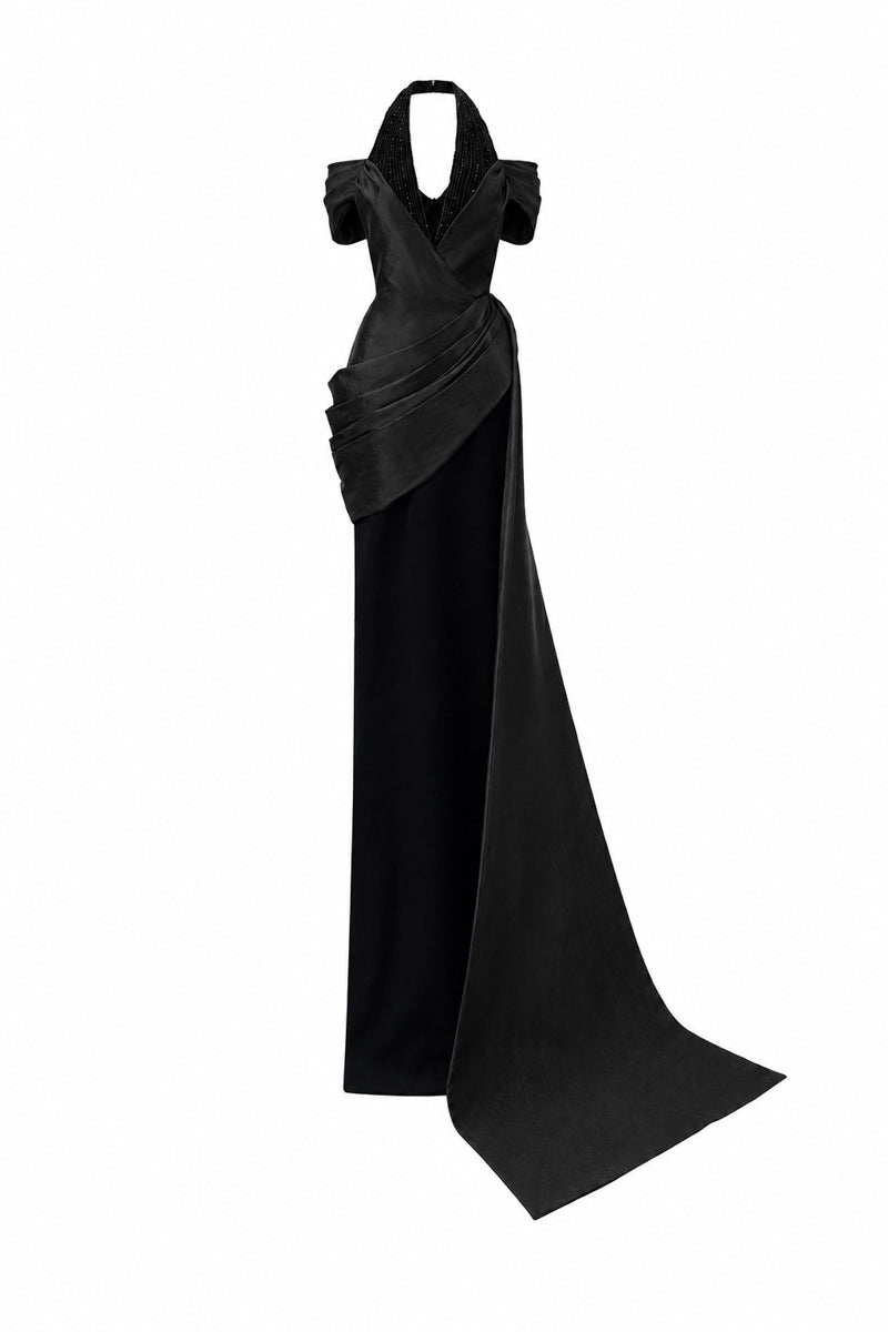 V Neck Column Gown With Asymmetric Draped Details In Black Crepe And Taffeta