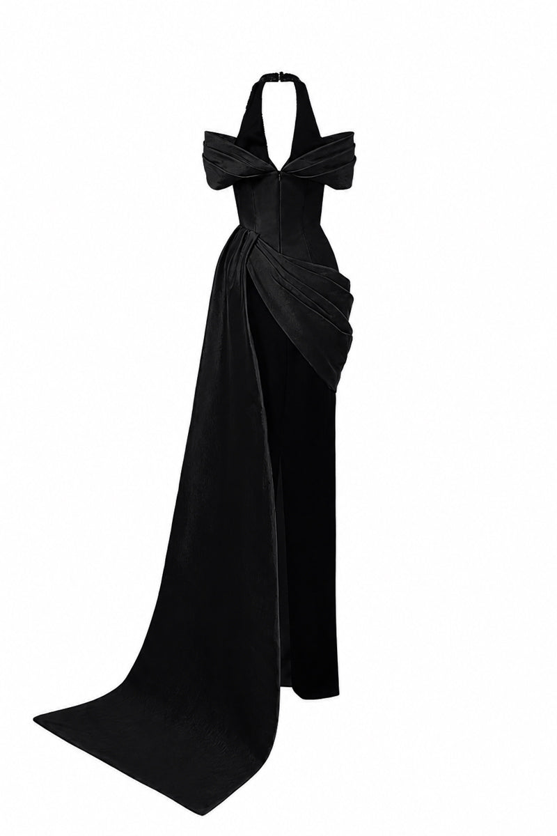 V Neck Column Gown With Asymmetric Draped Details In Black Crepe And Taffeta