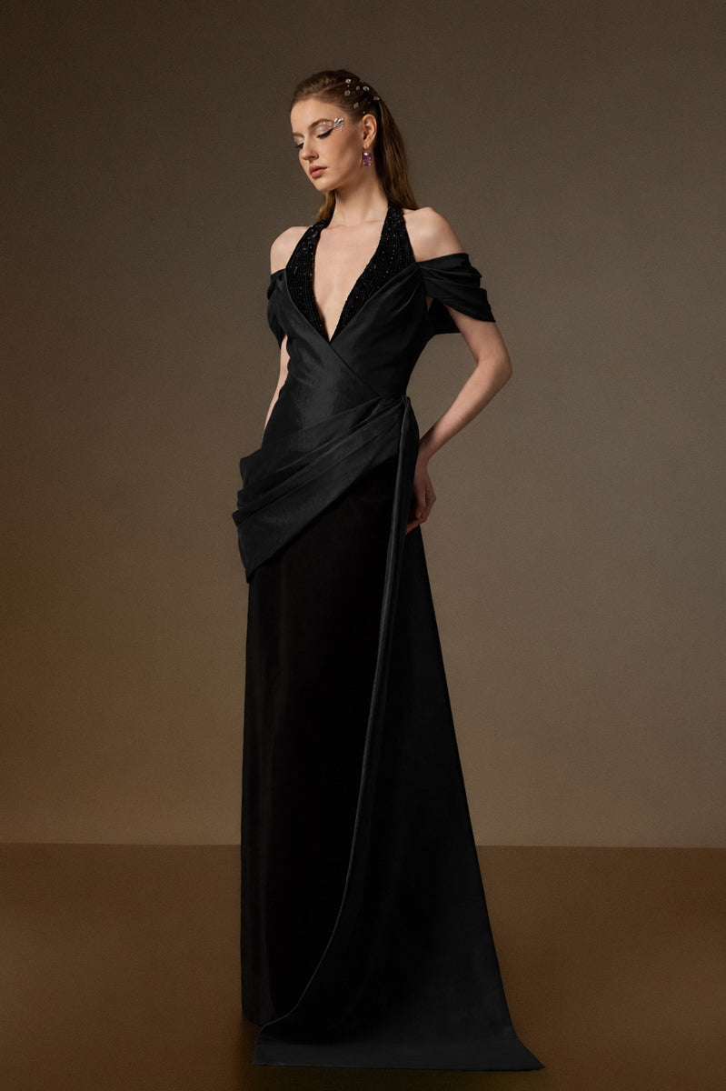V Neck Column Gown With Asymmetric Draped Details In Black Crepe And Taffeta