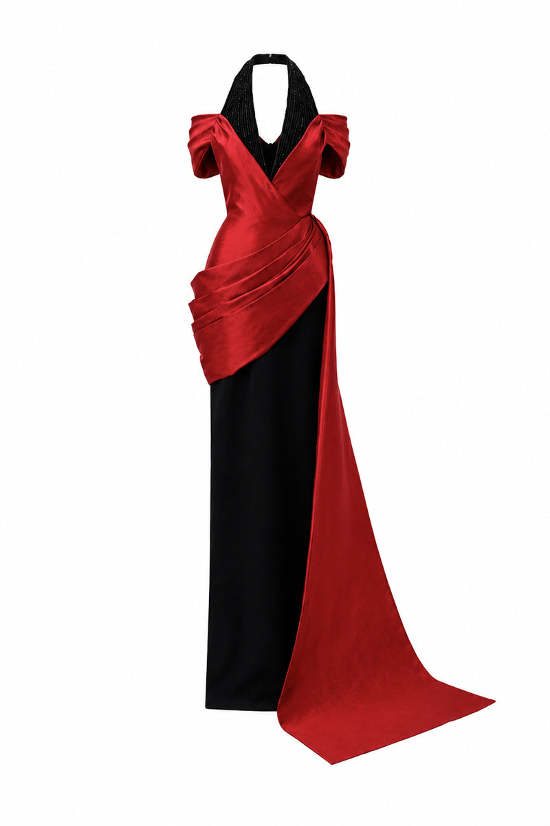 V Neck Column Gown With Asymmetric Draped Details In Black Crepe And Dark Red Taffeta