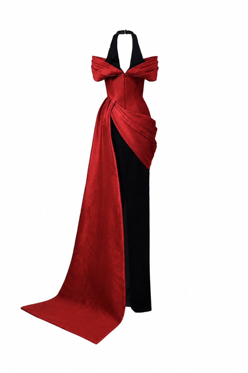 V Neck Column Gown With Asymmetric Draped Details In Black Crepe And Dark Red Taffeta
